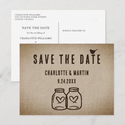 Rustic Burlap Wedding Save the Date Briefkaart (Voorkant / Achterkant)
