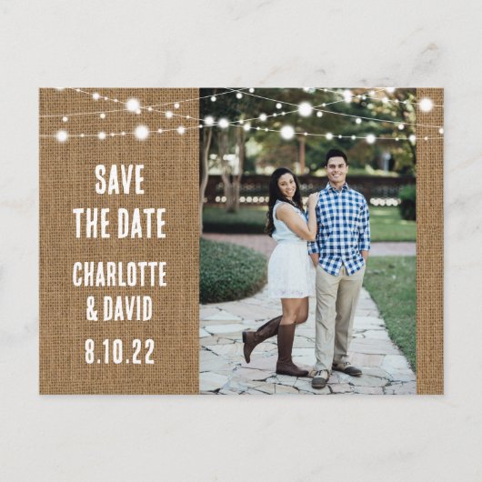 Rustic Burlap Wedding Save the Date Photo Briefkaa Aankondigingskaart (Voorkant)