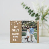 Rustic Burlap Wedding Save the Date Photo Briefkaa Aankondigingskaart (Staand voorkant)