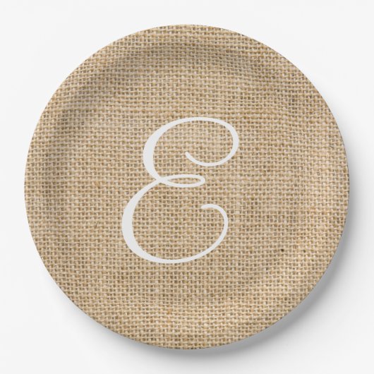 Rustic Burlap Wedding Simple Monogram Papieren Bordje (Voorkant)