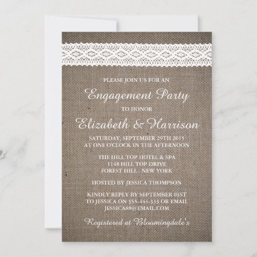 Rustic Burlap,  White Lace Engagement Party Kaart (Voorkant)