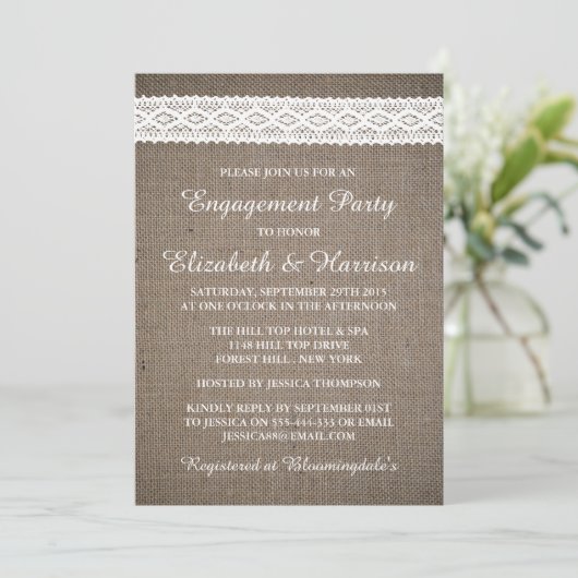 Rustic Burlap, White Lace Engagement Party Kaart (Staand voorkant)