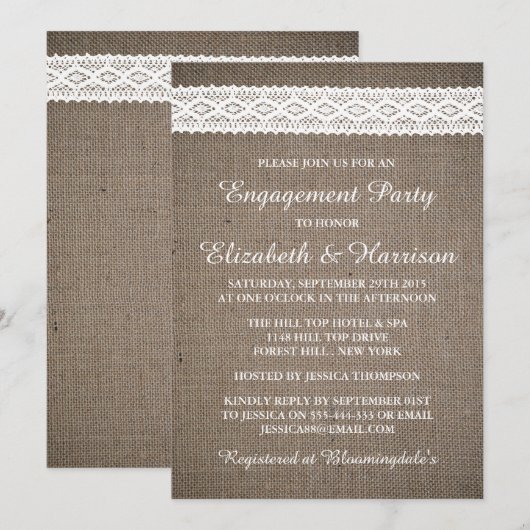 Rustic Burlap,  White Lace Engagement Party Kaart (Voorkant / Achterkant)