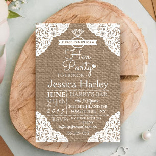 Rustic Burlap & White Lace Hen Party Kaart