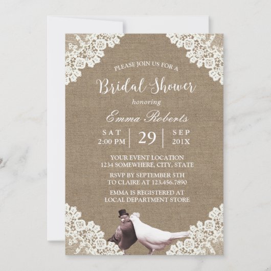 Rustic Burlap White Lace Lovebird Vrijgezellenfees Kaart (Voorkant)