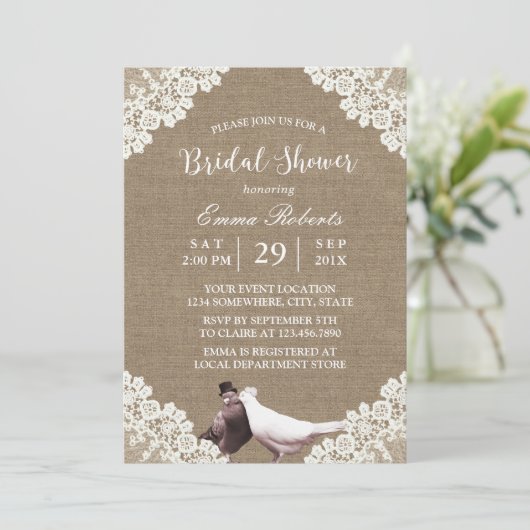 Rustic Burlap White Lace Lovebird Vrijgezellenfees Kaart (Staand voorkant)