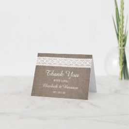 Rustic Burlap & White Lace Weddig Bedankkaart