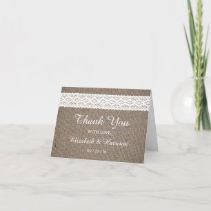 Rustic Burlap &  White Lace Weddig Bedankkaart