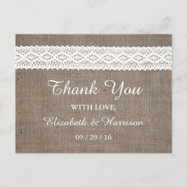 Rustic Burlap & White Lace Wedding Briefkaart