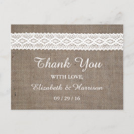 Rustic Burlap &  White Lace Wedding Briefkaart