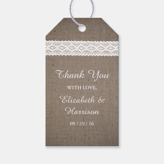 Rustic Burlap &  White Lace Wedding Cadeaulabel (Voorkant)