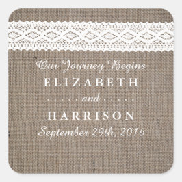 Rustic Burlap &  White Lace Wedding Favor Ronde Sticker