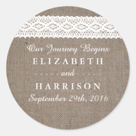 Rustic Burlap & White Lace Wedding Favor Ronde Sticker