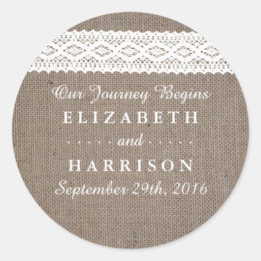 Rustic Burlap &  White Lace Wedding Favor Ronde Sticker (Voorkant)