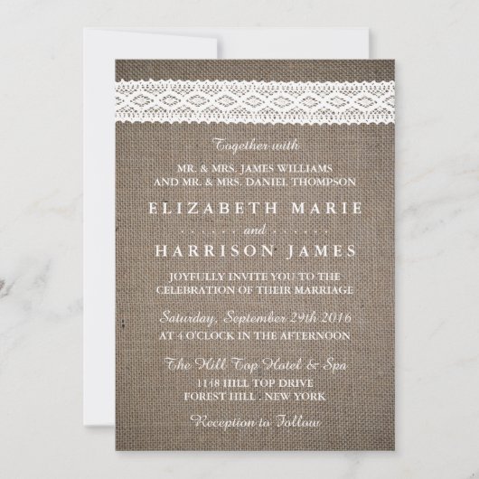 Rustic Burlap & White Lace Wedding Kaart (Voorkant)