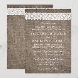 Rustic Burlap & White Lace Wedding Kaart