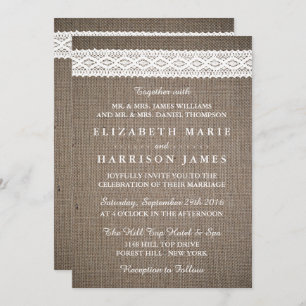 Rustic Burlap & White Lace Wedding Kaart