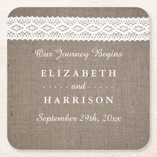 Rustic Burlap &  White Lace Wedding Kartonnen Onderzetters (Voorkant)