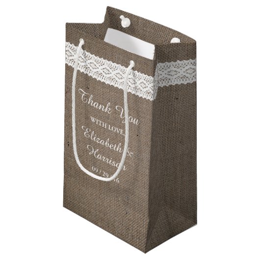 Rustic Burlap &  White Lace Wedding Klein Cadeauzakje (Voorkant Gekanteld)