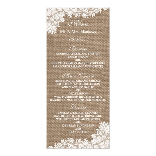 Rustic Burlap &  White Lace Wedding Menu (Voorkant)