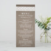 Rustic Burlap &  White Lace Wedding Menu (Staand voorkant)