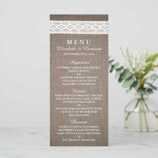 Rustic Burlap &  White Lace Wedding Menu (Staand voorkant)