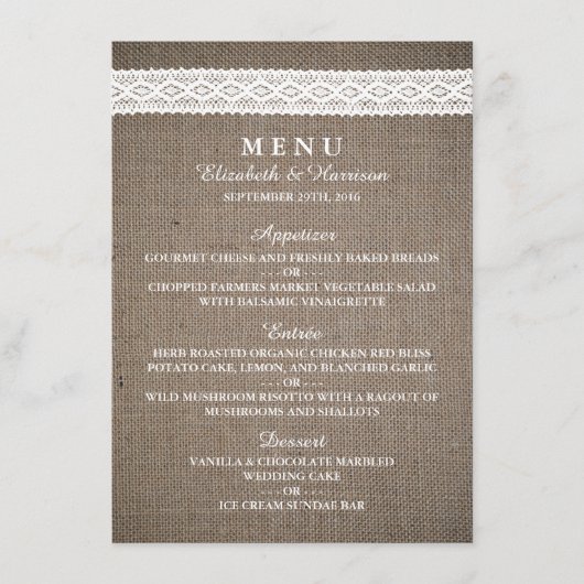 Rustic Burlap &  White Lace Wedding Menu (Voorkant)