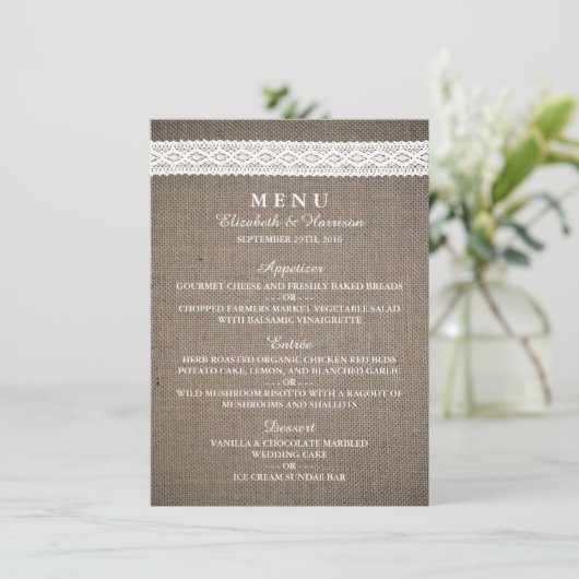 Rustic Burlap &  White Lace Wedding Menu (Staand voorkant)