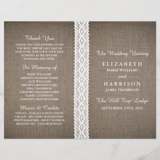 Rustic Burlap & White Lace Wedding Programme (Voorkant)