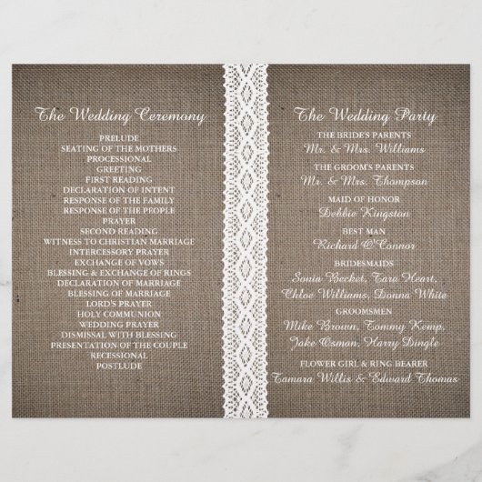 Rustic Burlap &  White Lace Wedding Programme (Achterkant)