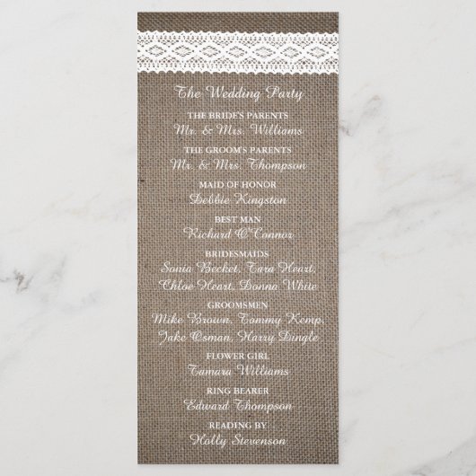 Rustic Burlap & White Lace Wedding Programme Programmakaart (Achterkant)