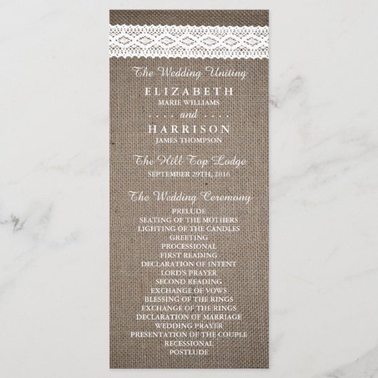 Rustic Burlap & White Lace Wedding Programme Programmakaart (Voorkant)