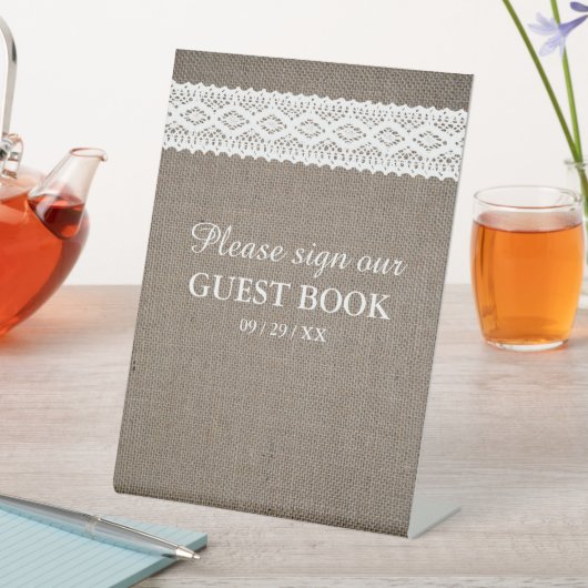 Rustic Burlap &  White Lace Wedding Reclamebord Met Voetstuk (Insitu)