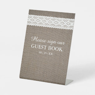 Rustic Burlap &  White Lace Wedding Reclamebord Met Voetstuk