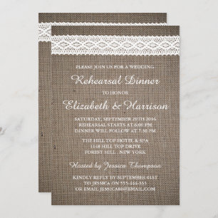 Rustic Burlap, White Lace Wedding Rehearsal Dinner Kaart