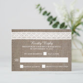 Rustic Burlap &  White Lace Wedding RSVP Kaartje (Staand voorkant)
