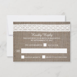 Rustic Burlap &  White Lace Wedding RSVP Kaartje
