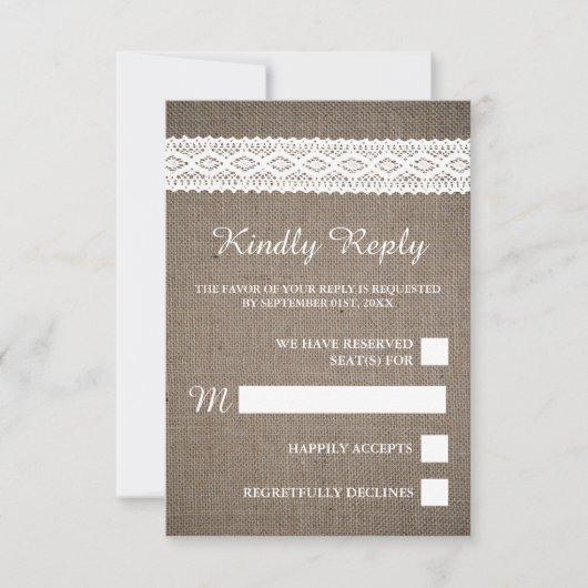 Rustic Burlap &  White Lace Wedding RSVP Kaartje (Voorkant)