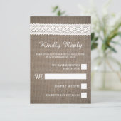 Rustic Burlap &  White Lace Wedding RSVP Kaartje (Staand voorkant)