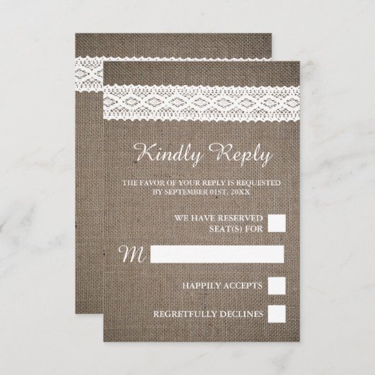 Rustic Burlap &  White Lace Wedding RSVP Kaartje (Voorkant / Achterkant)