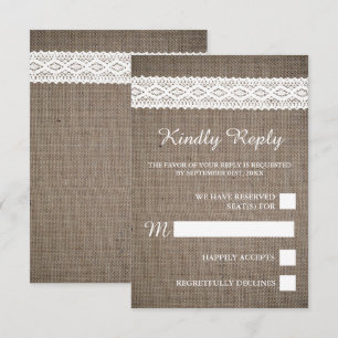 Rustic Burlap &  White Lace Wedding RSVP Kaartje