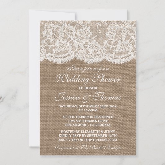 Rustic Burlap &  White Lace Wedding Shower Kaart
