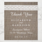 Rustic Burlap & White Lace Wedding Wijn Etiket (Enkel label)