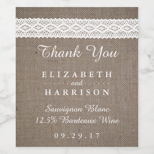 Rustic Burlap &  White Lace Wedding Wijn Etiket (Enkel label)