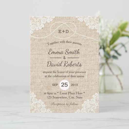 Rustic Burlap White Laced Rope Heart Knot Wedding Kaart (Staand voorkant)