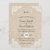 Rustic Burlap White Laced Rope Heart Knot Wedding Kaart (Voorkant / Achterkant)