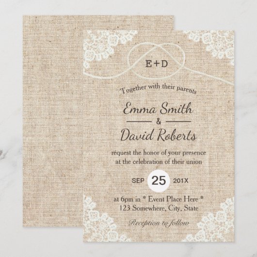 Rustic Burlap White Laced Rope Heart Knot Wedding Kaart (Voorkant / Achterkant)