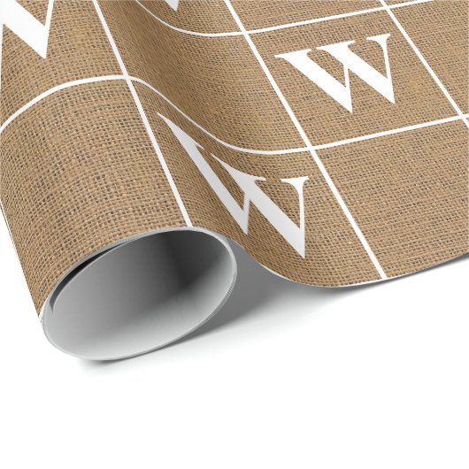 Rustic Burlap White Monogram Wrapping Paper Cadeaupapier (Rol Hoek)