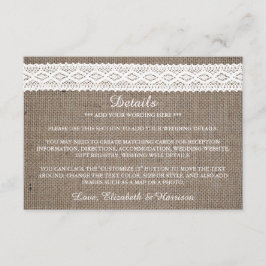 Rustic Burlap & Wit Wondenhuwelijk Detail Informatiekaartje