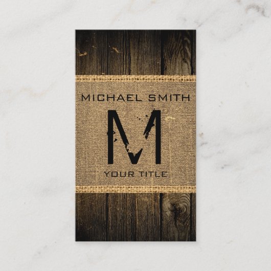  Rustic Burlap Wood Kijk Monogram #2 Visitekaartje (Voorkant)